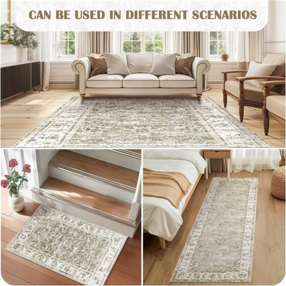 Washable Area Rug 4x6 Low Pile Bedroom Rug Indoor - Taupe Floral Print Stain - Picture 5 of 7